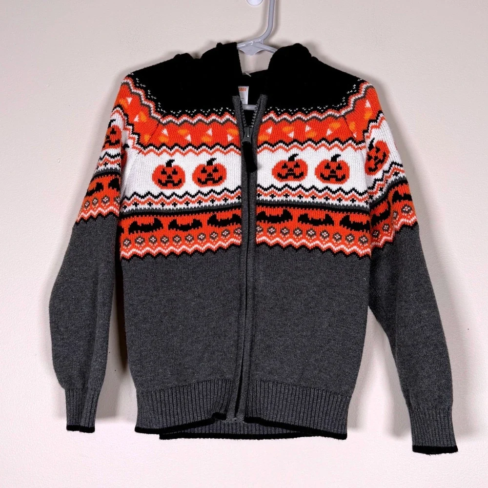 Gymboree Kids 5T Halloween Pumpkin Bat Fair Isle Zip Up Cotton Hoodie Sweater